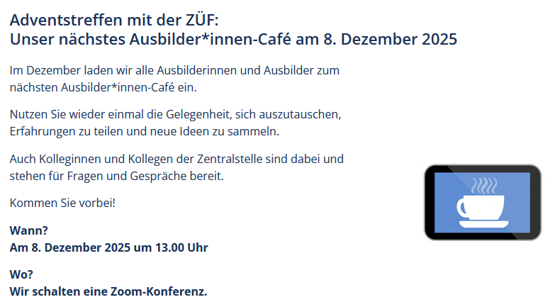 Adventstreffen mit der ZÜF im Ausbilder*innen-Café am 08. Dezember 202 um 13 Uhr