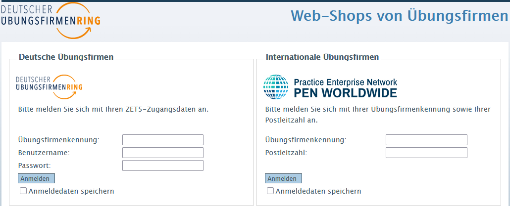 Anmeldefenster Webshop